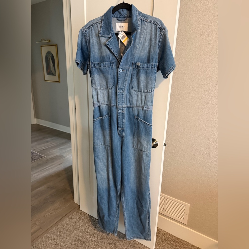 pistola Light Blue Denim Short Sleeve Straight Leg Jumpsuit